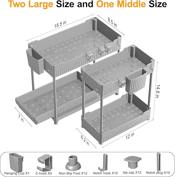 3 Pack Under Sink Organizers, 2-Tier Multi-Use Kitchen and Bathroom Organizers and Storage with Sliding Drawers,Bathroom Cabinet Organizer (Gray, 14.8 Inch)