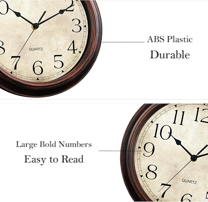 12 Inch Wall Clocks Battery Operated Silent Non-Ticking Analog Wall Clock Vintage Retro Rustic Style Decorative for Living Room Kitchen Home Office(Bronze)