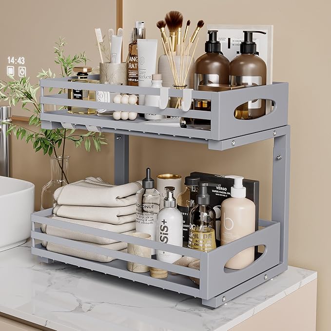 Under Sink Organizer, 2 Tier Under Sink Organizers and Storage, Adjustable Height, Slide Out Metal Cabinet Organizers, Pull Out Cabinet Storage Drawer Shelf for Kitchen Bathroom Gray, 2 Pack