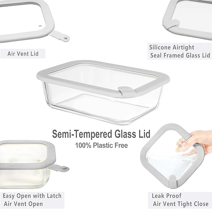 Glass Food Containers with Glass Lid, Microwave Safe Food Storage Container Set, 4 Pack of 35oz, Large Size Airtight Storage Set with Leak Proof Lids, Meal Prep Containers