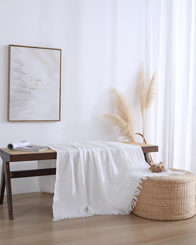 100% Cotton Muslin Throw Blanket for Bed, Couch, Small, Decorative, Soft, Pre-Washed, Breathable and Lightweight Gauze Blanket with Tassels, Suitable for All Seasons, Off-White, 50"x60"