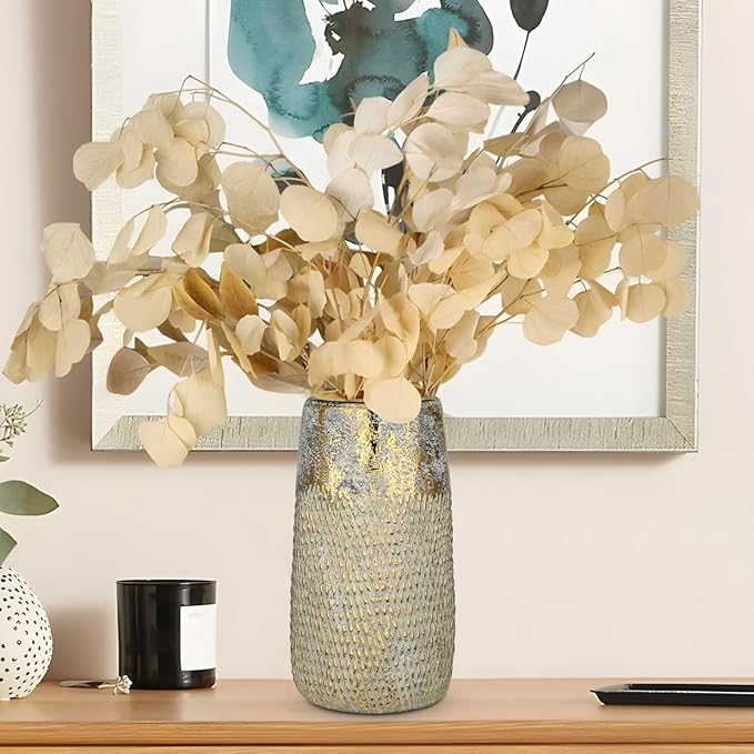 10.2" Ceramic Flower Vintage Vase - White & Gold Textured Metal Ceramic Vase for Farmhouse Modern Home Decor Pampas Grass Centerpieces Living Room Bedroom Office Decoration