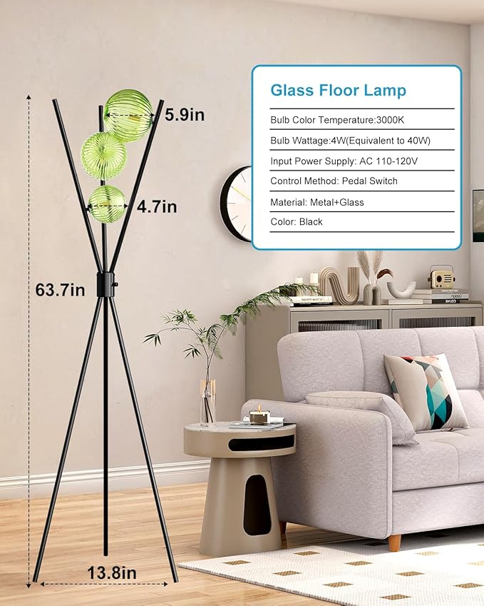 Lightdot 60IN Dimmable Black Tripod Floor Lamp, Mid Century Standing Lamps with 3 Globe Green Glass Lampshade, 3000K Bulbs Included Modern Tall Lamp for Living Room Bedroom