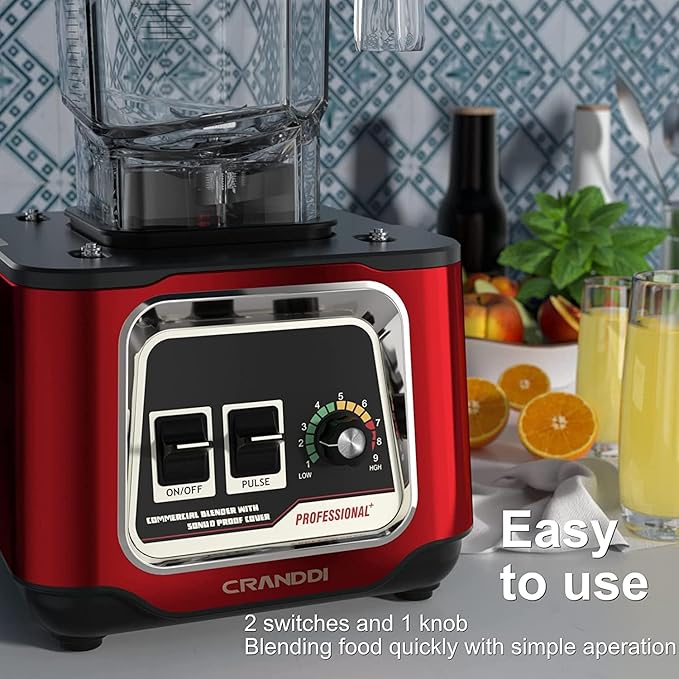 CRANDDI Professional Smoothie Blender, 2200W Commercial Soundproof Quiet blender with Removable Soundproof Shield for Crushing Ice, MilkShakes, Puree, Self-Cleaning, 50oz 110V K80 (Red)