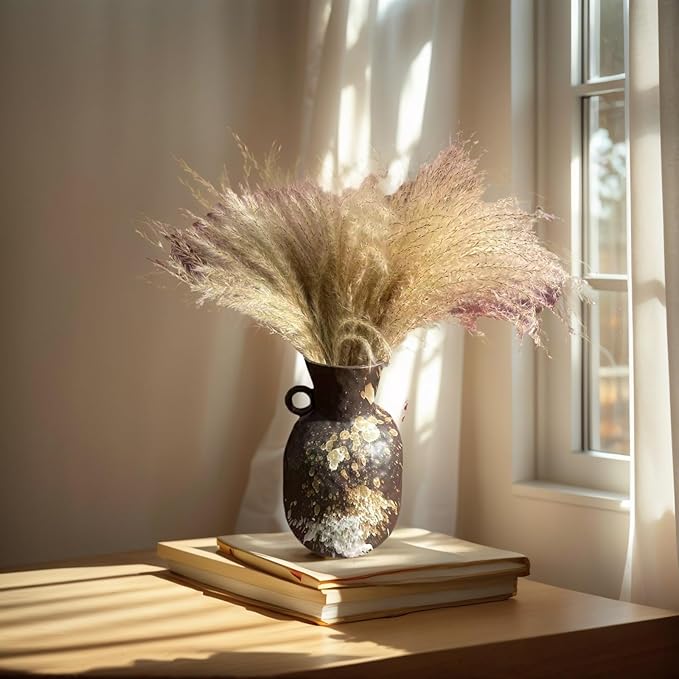 Rustic Pottery Ceramic Vase - Vintage Farmhouse Style Decor, White Grid Ceramic Vases for Home Decor, Modern Farmhouse Decor (Black white)