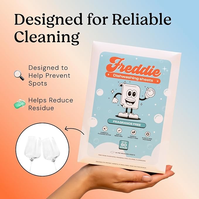 Freddie Dishwasher Sheets Fragrance Free - Space-Saving Alternative to Liquid Detergent - 180 Loads (3 Pack) Concentrated Plastic Jug Free Strips