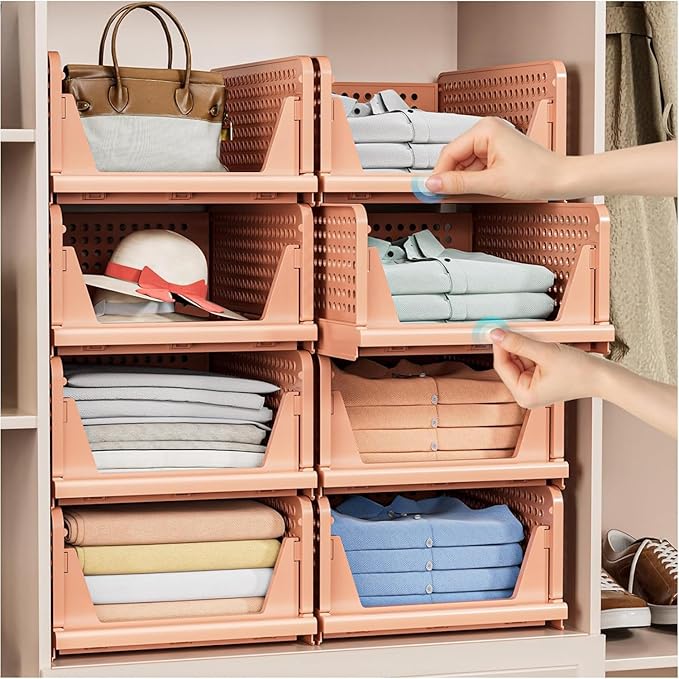 5 Pack Folding Closet Organizers Storage Box, Stackable Storage Bins, Plastic Drawer Basket Closet Storage for Wardrobe Cupboard Kitchen Bathroom Office 5L (Pink)