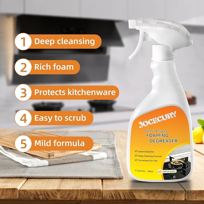 500ml Powerful Kitchen Degreaser Foam Spray – Multipurpose Grease Remover for Pots, Pans, Countertops & Appliances with 2-in-1 No-Rinse Dual Spray Nozzle (Lemon)
