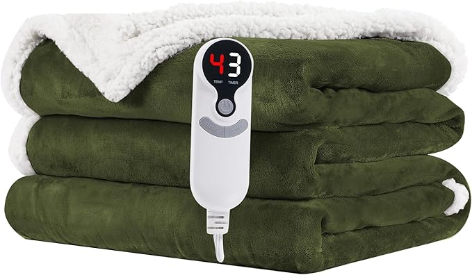 Electric Heated Blanket Full Size 72"x84" - Microplush & Sherpa Fabric Dual-Sided, 6 Heat Settings & 1-10 Hours Auto Off , Cozy Warming Throw for Home, Office, or Bed, Machine Washable, Olive Green
