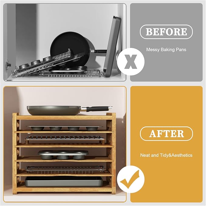 6 Tier Rubber Wood Tray Dividers for Cabinets, Heavy Weight Kitchen Vertical Tray Divider Organizer, Storing pans, Baking trays, Cutting Board(16.73" W x 14.13" H x 12.4" D)
