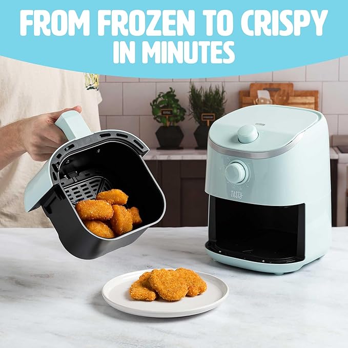 Tasty Personal Air Fryer, Healthier Meals in Minutes, Adjustable Temp Control up to 400°F, Easy-to-Use Design, Nonstick Basket and Tray Made without PFAS, PFOA, PFOS & PTFE, 900 Watts, 2-Quart, Aqua