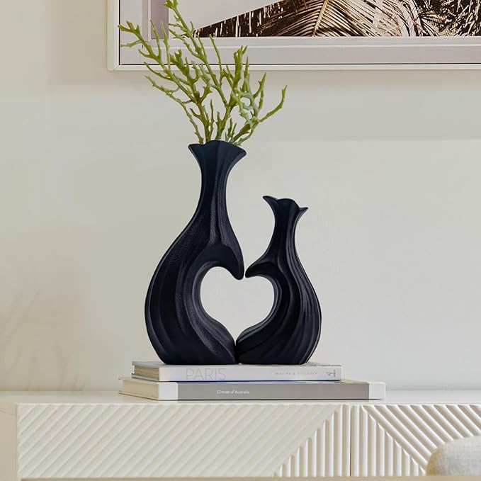 Ceramic Vases for Home Decor, Modern Heart Shaped Vase Set of 2, Matte Farmhouse Dried Fake Flowers Vase for Office, Living, Dining Room, Kitchen