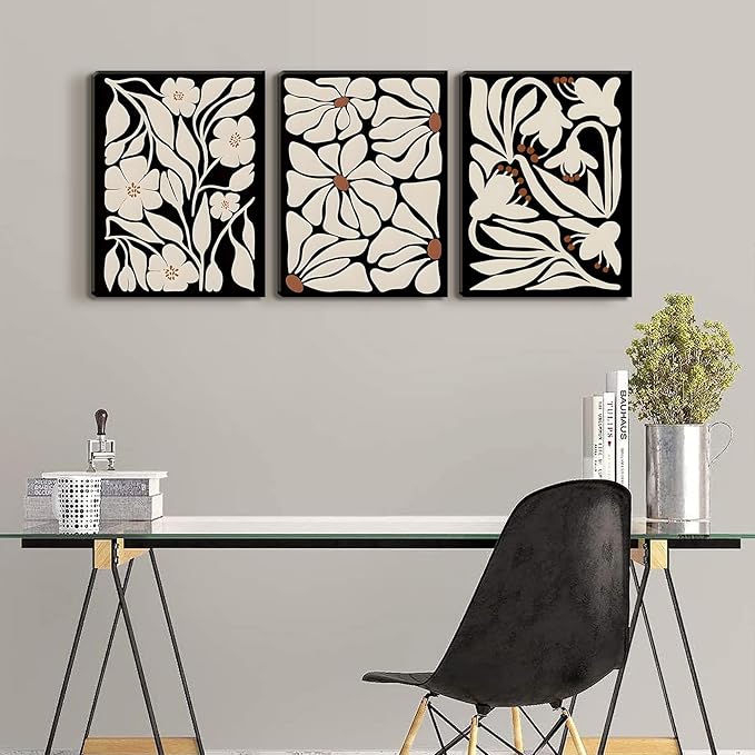QGNBGBJ Framed Black Boho Flowers Plant Wall Art Abstract Botanical Flower Canvas Poster Vintage Bohemian Neutral Floral Prints Wall Decor Trendy Black Beige Floral Set for Girl Bedroom(12x16in)