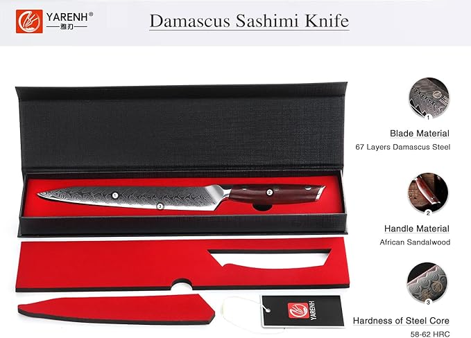 YARENH Slicing Knife 8 Inch - Damascus Chef Knife,67-Layer Steel,Ultra-Sharp Blade, Durable Edge, Rust-Resistant, Ergonomic Sandalwood Handle,Sharp Sashimi Knife