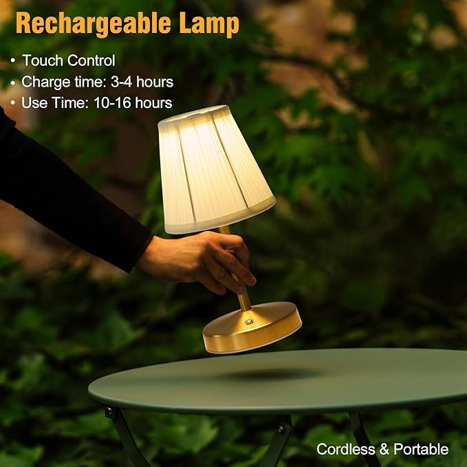Cordless Mini Lamps Gold,3000 mah Battery Operated Lamp,3 Color Temperature Dimmable Table Lamp,Small Rechargeable Table Lamp Fabric,Aesthetic Small Kitchen Lamp for Counter,Dinner (Gold,2 Pack)