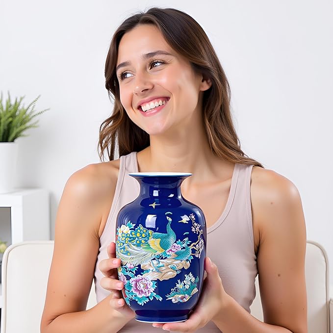 MTME Porcelain Figurines, Jingdezhen Peacock Decorative Flower vase, Home Decor, Wedding Gifts, Aesthetic Sculpture Home décor (Blue)