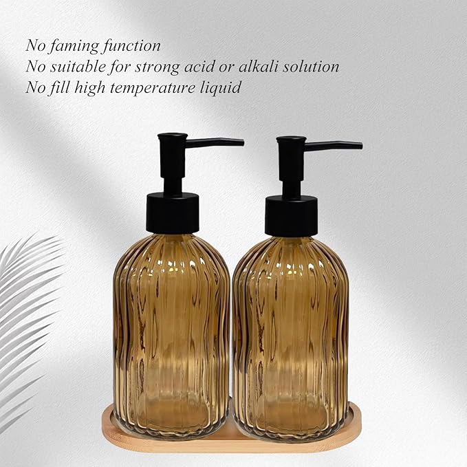 Glass Hand and Dish Soap Dispenser Set of 2 with Plastic Pumps, Bamboo Tray, 13.5oz Brown Bathroom Soap Dispenser with Vertical Stripe for Hand Wash & Dish Wash, Ideal for Bathroom Kitchen Countertop