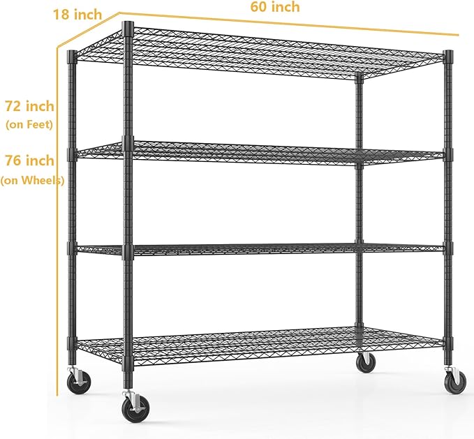 Himimi Storage Shelves with Wheels, 4-Tier Heavy Duty Steel Wire Rack Storage Shelving, Adjustable Metal Storage Shelves for Garage Kitchen Pantry Bathroom Laundry 18" D*60" W*72" H, Black