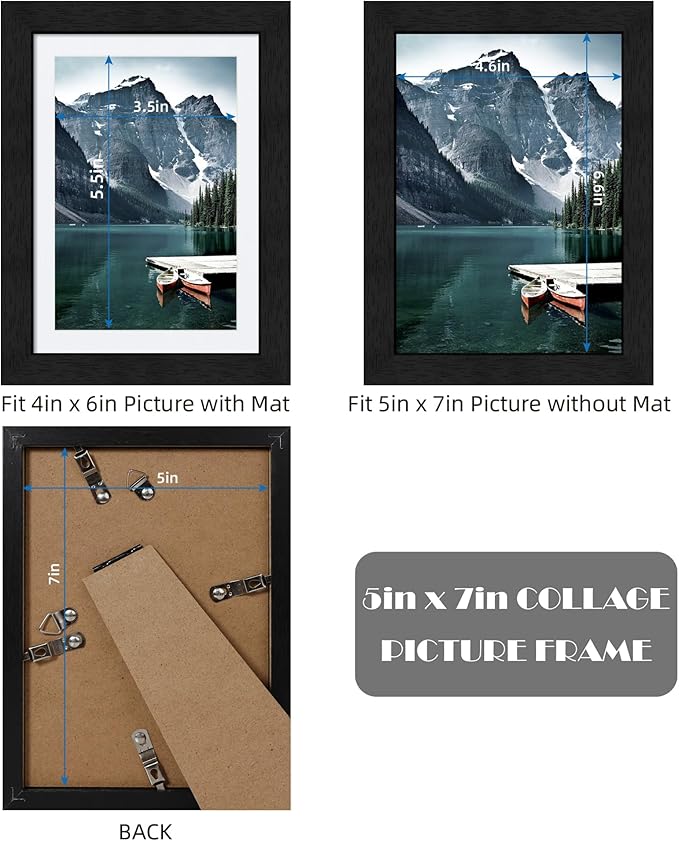 5x7 Black Picture Frames set of 3, Made of Wooden and Glass Photo frame - Displays Picture 4x6 with Mat or 5 x 7 without Mat, Desktop & Wall Collage Frame set