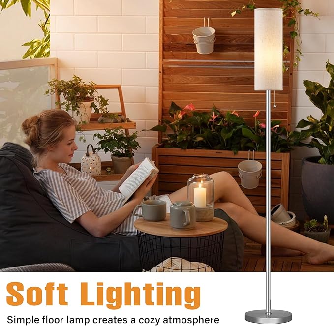Ambimall Floor Lamp for Living Room with 3 Color Temperatures Bulb, 64" Standing lamp with Linen lampshade for Bedroom, Minimalist Pole Lamp, Beige Shade & Silver Pole