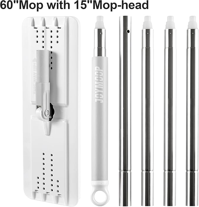 JOYMOOP Flat Mop, Microfiber Floor and Wall Cleaner, 60" Long Handle with 15" Flat Head with a Pad - White