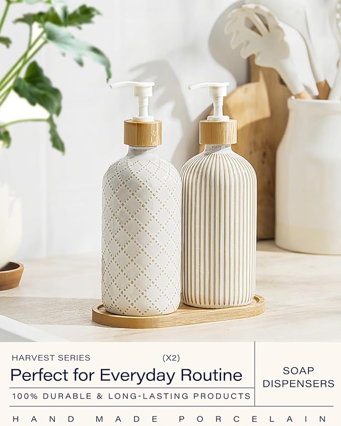 Getstar Hand and Dish Soap Dispenser Set, Ceramic Soap Dispenser for Bathroom and Kitchen with Rust Proof Pump and Tray, Set of 2 (White Pump)