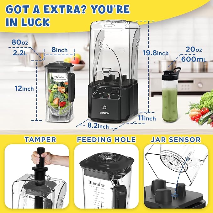 CRANDDI Quiet Commercial Blender with Soundproof Shield, 2200 Watt Professional Blenders for Kitchen with 80oz Pitcher and Self-Cleaning, High-Speed Blenders K90 Grey