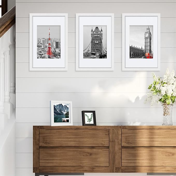 8x12 White Picture Frames set of 3, Made of Wooden and Glass Photo frame - Displays 6x8 Picture with Mat or 8 x 12 Poster without Mat, Desktop & Wall Collage Frame set
