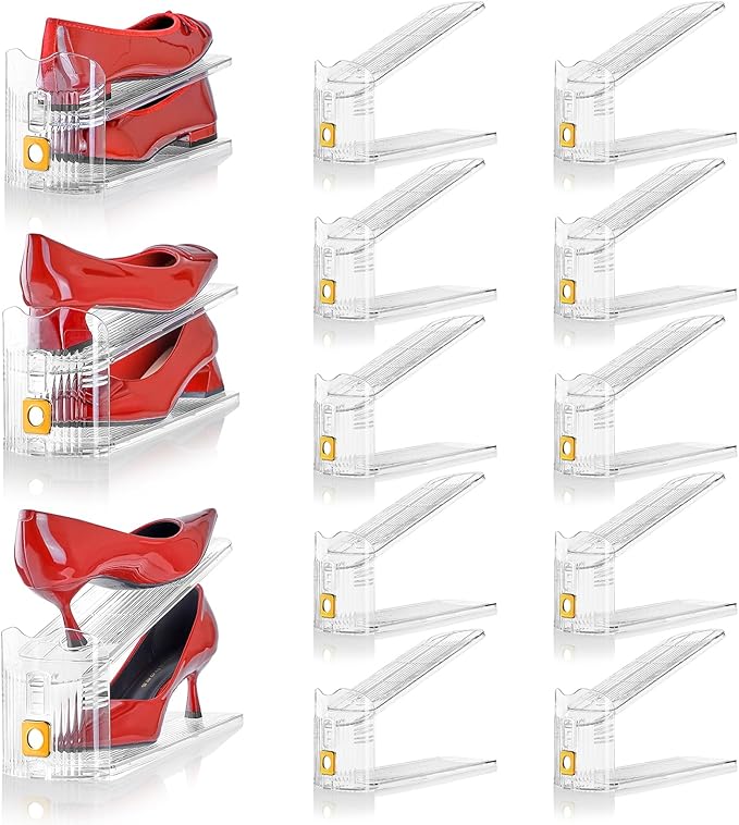 Shoe Slots Organizer for Closet, 10 Pack Shoe Stacker Organizer, Shoe Storage Space Savers 50%, 3 Levels Adjustable Shoe Racks for Closet Organization