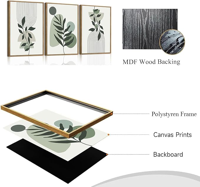 Bwodke Boho Wall Art, Framed Abstract Wall Art, Botanical Canvas Wall Decor, Mid Century Line Leaf Geometric Pictures Set of 3, Minimalist Paintings, for Bedroom Living Room Bathroom 16"x24"