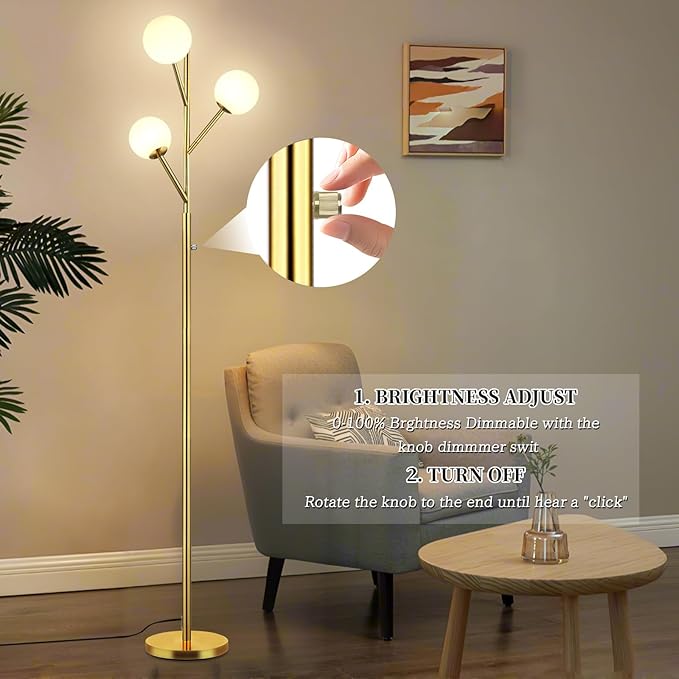 70in Gold 3-Globe Mid Century Dimmable Floor Lamp for Living Room G9 LED Bulbs Included,Modern Standing Lamp with Frosted Glass Shade for Bedroom,Studyroom Antique Brass Lighting(dimmer-Gold)