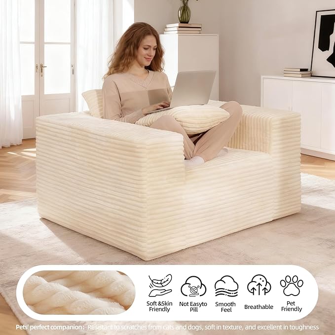 Single Sofa Foam Couch Sofa for Small Spaces, Giant Bean Bag Chair, Comfy Sofas with Removable Cover Furry Couch Pillows for Living Room, Bedroom, Apartment, Dorm, Office