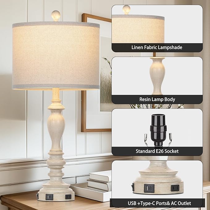 28" Table Lamps with USB C+A Ports & AC Outlets, Farmhouse Rustic Table Lamps Set of 2, Vintage End Table Nightstand Resin Bedside Lamp for Living Room Bedroom, Fabric Linen Shade Washed Antique Beige