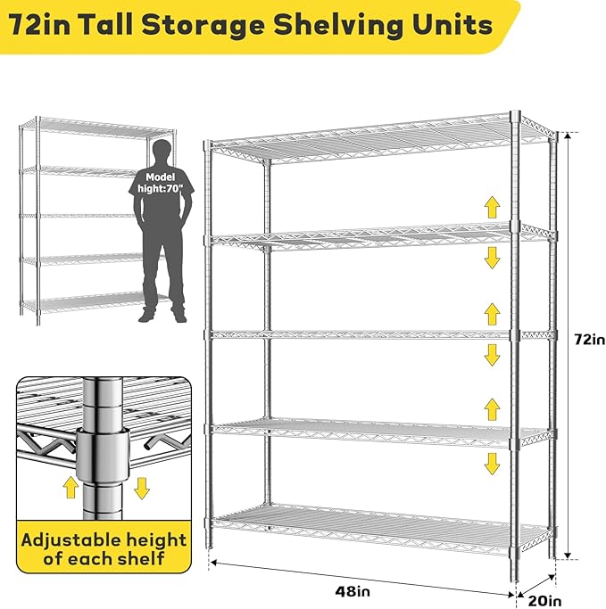 Storage Shelves, 2 PCS 48" L x 20" W x 72" H Heavy Duty Garage Wire Shelving Unit Loads 2000LBS, 5-Tier Adjustable Metal Industrial Utility Shelf Rack for Kitchen, Laundry Room, Basement
