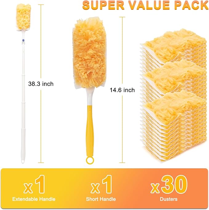 KeFanta 360° Heavy Duty Duster Refills Compatible with Swiffer Duster, Disposable Dusting Kit for Cleaning, 1 Extended Handle, 1 Short Handle, 30 Refills