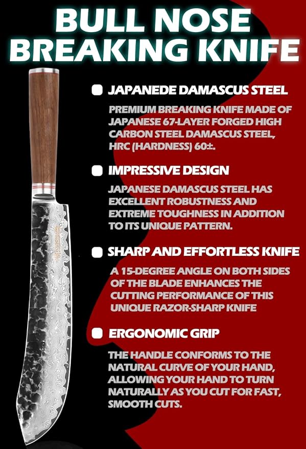YOUSUNLONG Breaking Knives 10 inch Pro Bull Nose Butcher Knife Japanese Hammered Damascus Steel Natural Walnut Wooden Handle