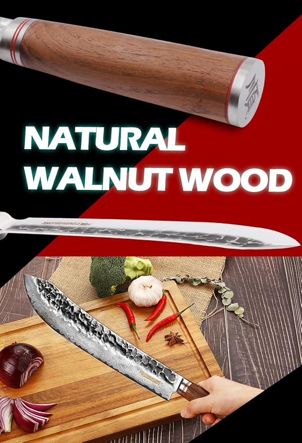 YOUSUNLONG Breaking Knives 12 inch Max Bull Nose Butcher Knife Japanese Hammered Damascus Steel Natural Walnut Wooden Handle