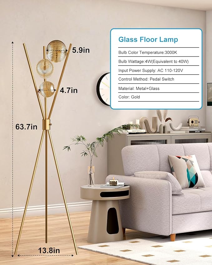 Lightdot Dimmable Tripod Floor Lamp Gold Art Deco Floor Lamp with Brown Globe Glass Lampshade 3Pcs Bulbs Included Tripod Standing Lamp for Living Room/Bedroom