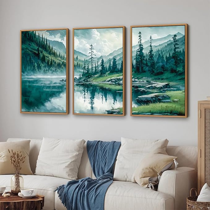 Tinonedraw Large Nature Forest Framed Canvas Wall Art Set, Boho Mountains Calming Lake Wall Decor, Green Pine Trees Artwork, Northern Wilderness Art Painting for Living Room Bedroom Office 24"x36"x3