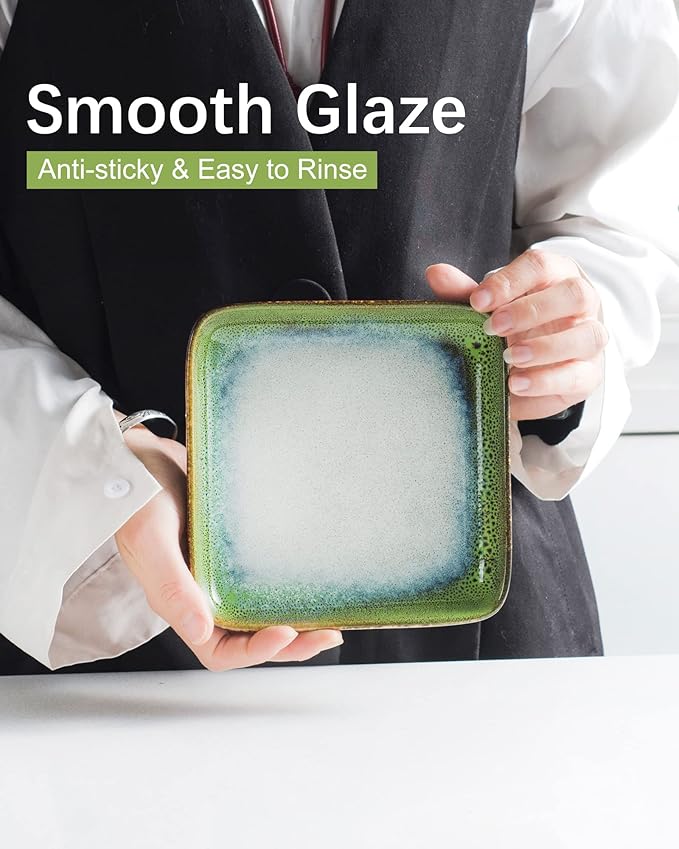 HENXFEN LEAD Small Ceramic Plates 6.3 Inch - Dessert, Appetizer, Snack Plate Set of 4 Scratch Resistant, Porcelain Serving Side Dish Microwave & Oven, Dishwasher Safe - Reactive Green