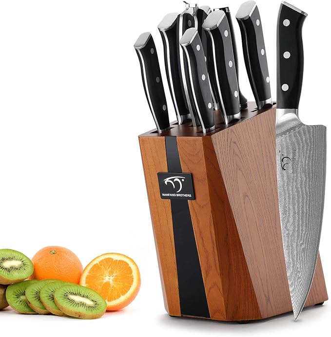 NANFANG BROTHERS Knife Sets for Kitchen with Block, Damasucs Kitchen Knife Sets 9 Pieces with Ergonomic Triple Rivet Handle, Kitchen Knives for Chopping, Slicing, Dicing & Cutting