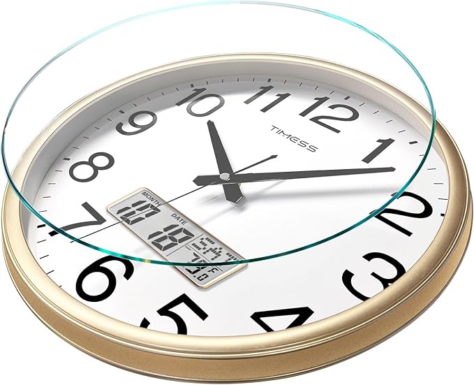 Wall Clock, 16 Inch Non-Ticking Silent Battery Operated Quartz Analog with LCD Display for Perpetual Calendar and F° Temperature, Ideal Modern Home, Bedroom, Kitchen, Office Décor (Gold)