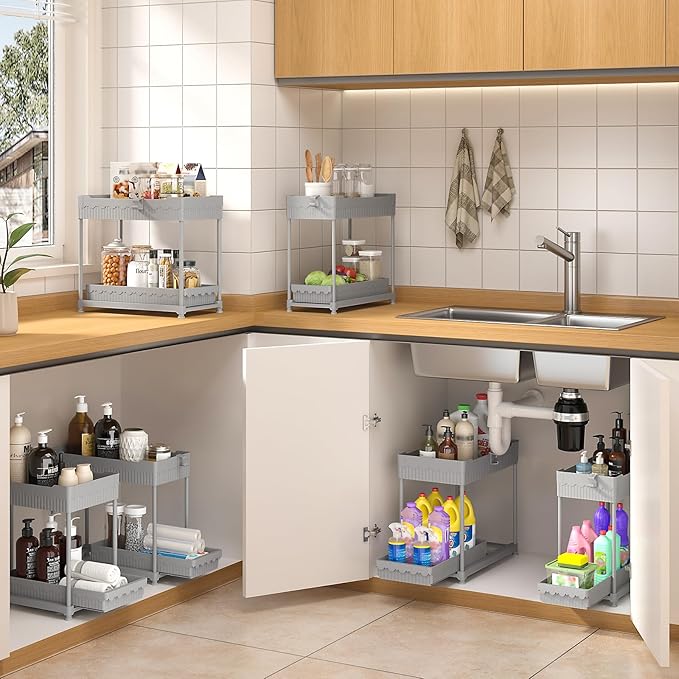 3 Pack Under Sink Organizers, 2-Tier Multi-Use Kitchen and Bathroom Organizers and Storage with Sliding Drawers,Bathroom Cabinet Organizer (Gray, 12.8 Inch)