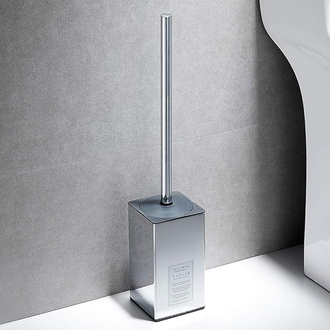 Freestanding Toilet Brush Holder for bathrooms 304 Stainless Steel Toilet Brush Stand Square Storage and Organization Rust Resistant 17-inch high Polished Chrome Finished