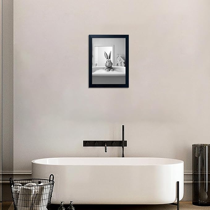 Melpa Art Kids Bathroom Wall Decor, Black and White Cute Animal Canvas Print Painting, Funny Rabbit in Bathtub Bathroom, Farmhouse Picture Wall Decor Artwork