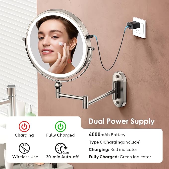 9" Wall Mounted Lighted Makeup Mirror,4000mAh Rechargeable Double Sided 1X/20X Magnifying Mirror with Light,Touch Dimmable,Extended Arm 360 Rotation Wall Mounted Makeup Mirror 3 Color Lights-N