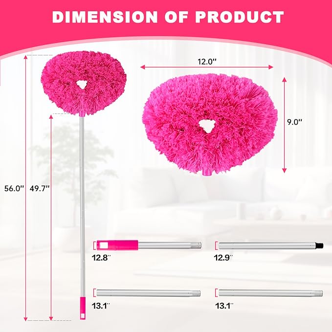 Ceiling Fan Cleaner Duster Reusable Microfiber Ceiling Fan Blade Cleaner Removable Duster with Extension Pole Adjusts 13 to 49.7 Inch for Cleaning Walls Bookshelves Furniture Door Window Top (Rosy)