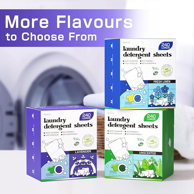 Soulink Fabric Softener Sheets for Washing Machine, No Plastic Jug Soap Strips, Alternative to Fabric Softener Liquid and Pods, Lavender Scent, Up to 240 Loads