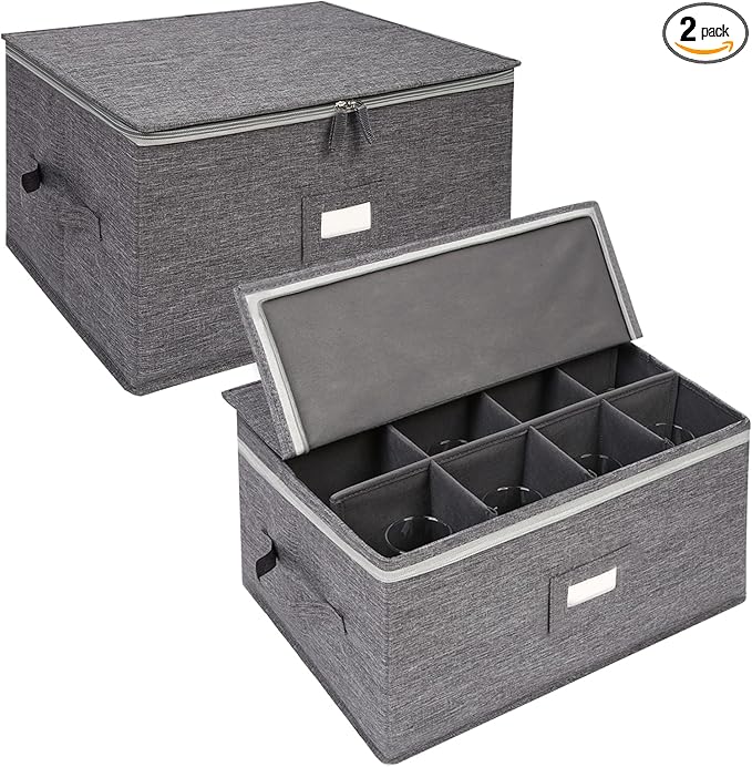 Stemware Storage Containers (2 pack), Wine Glass Storage Box with Dividers for Glassware or Crystal, Holds 12 Red or White Wine Glasses, Hard Top and Stackable (Grey)