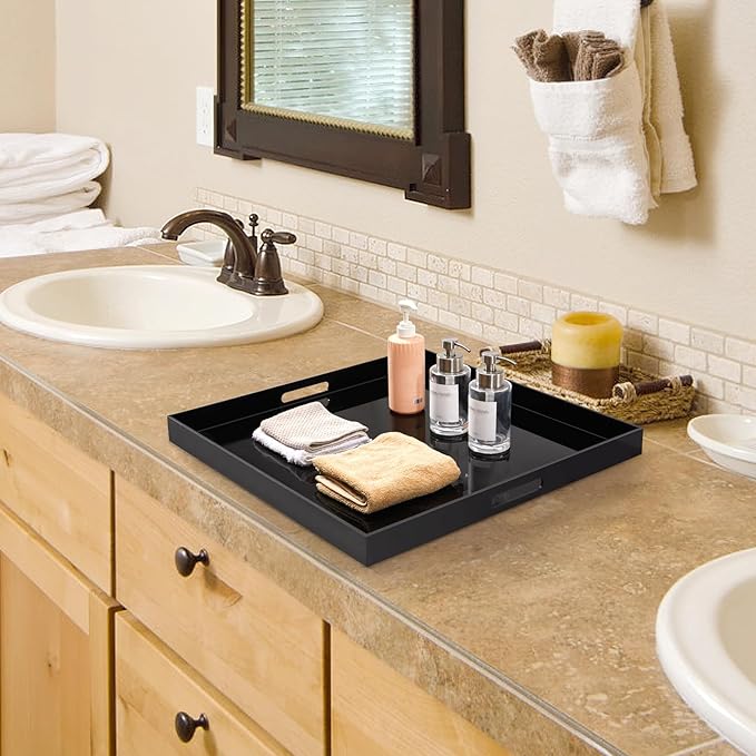 16×16 inches Oversized Black Acrylic Ottoman Tray Extra Large Decorative Tray Spill-Proof Serving Trays with Handles King-Size Safe Edge Organizer for Coffee Table Countertop Breakfast
